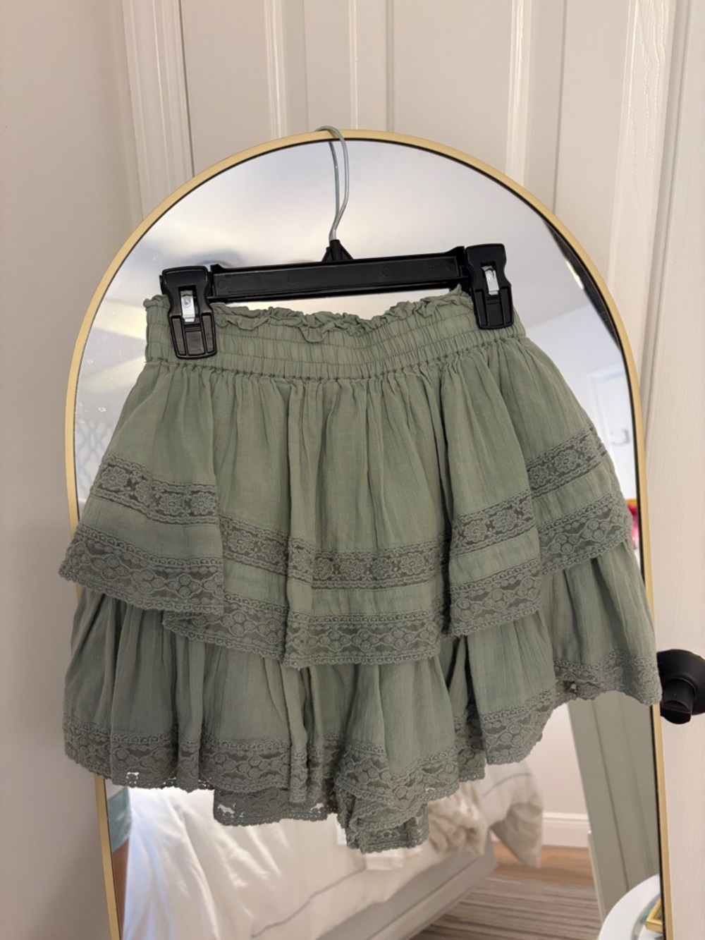 American Eagle Outfitters Sage Green Tiered Lace Mini Skirt